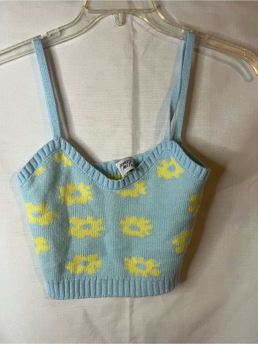 Princess Polly Light Blue Knit Crop Top with Yellow Floral Print